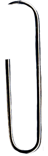 Eine Büroklammer aus Metall, deren eines Ende zu einem spitzen Haken nach oben gebogen ist, vor einem weißen Hintergrund - ein minimalistisches Detail, das an die moderne Hochzeitsfloristik von Dominique Kubicek oder an mondhaende designs erinnert.