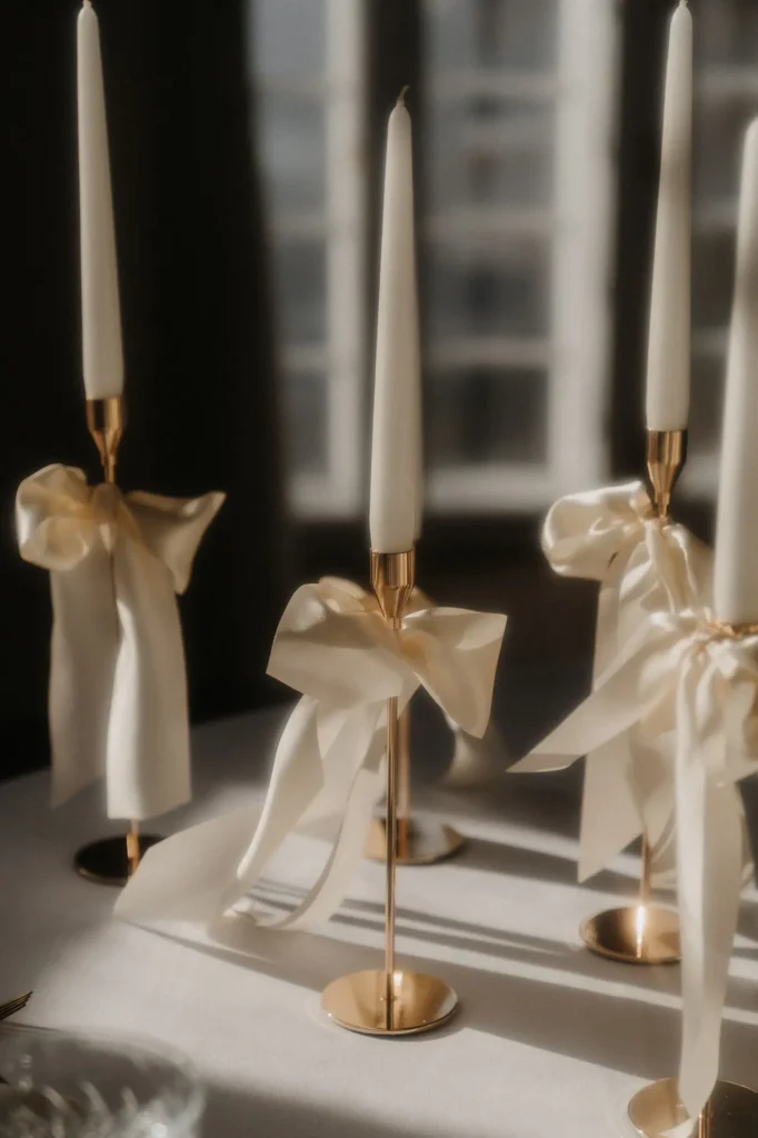 Elegante weiße Spitzkerzen in goldenen Haltern, die mit großen cremefarbenen Satinschleifen verziert sind, bilden ein atemberaubendes Mittelstück von Dominique Kubicek. Perfekt für moderne Hochzeitsfloristik, leuchtet das Arrangement sanft mit natürlichem Licht aus einem nahen Fenster.